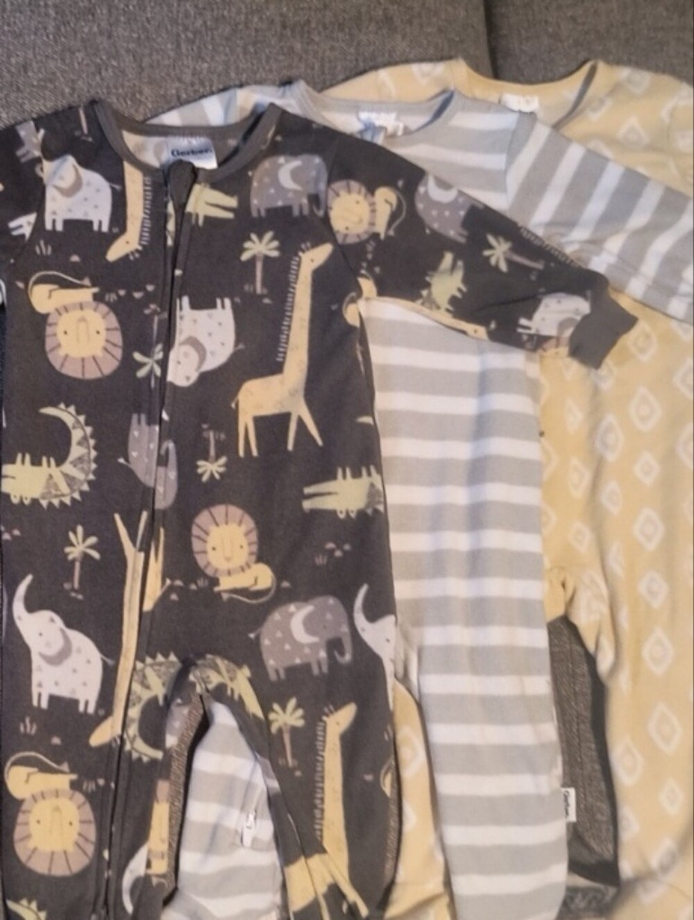 Gerber Yellow & Gray Animal and Stripes Fleece Footed Sleepers-Set Of Three